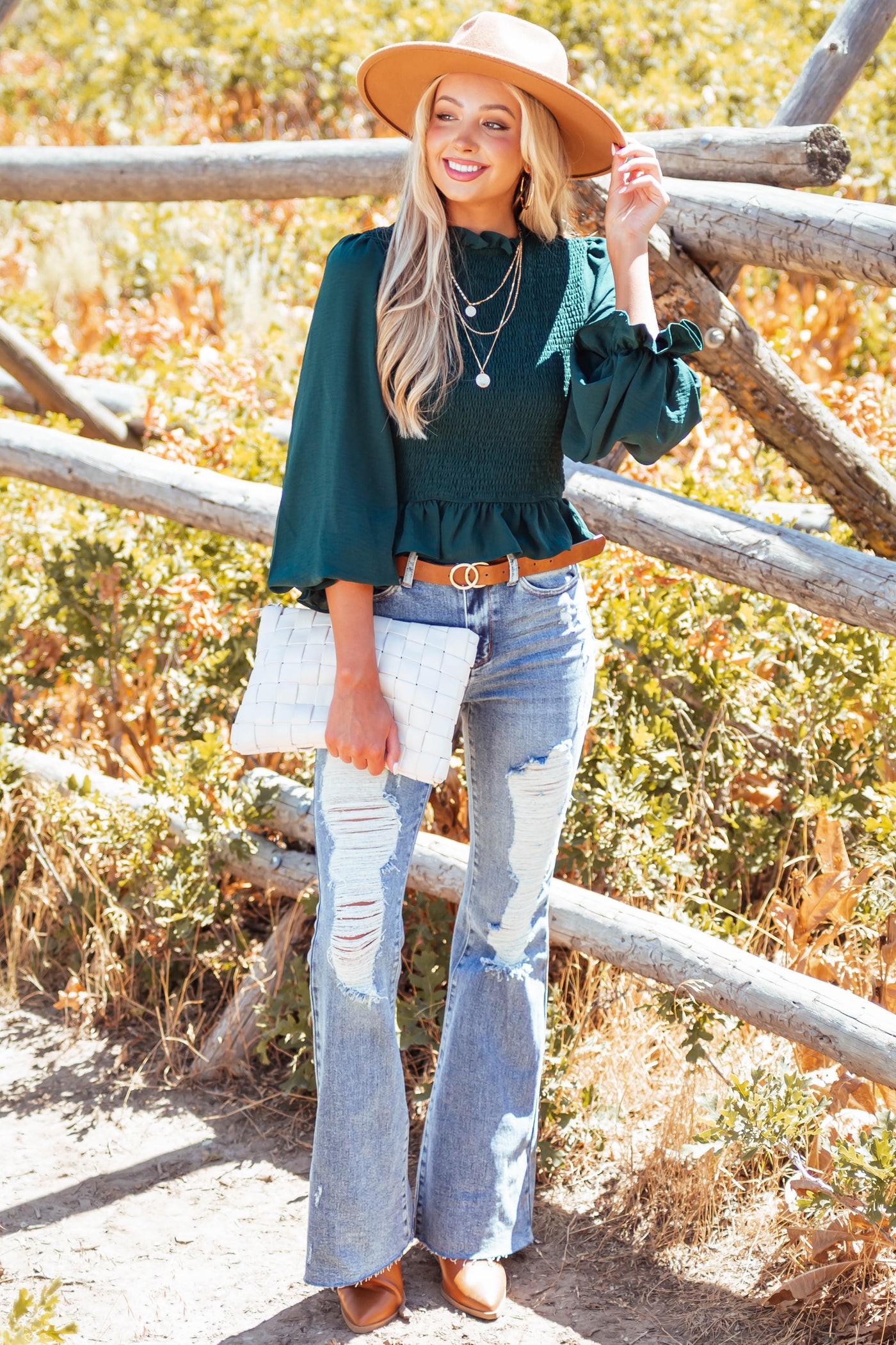 Forest Green Smocked Long Sleeve Woven Blouse