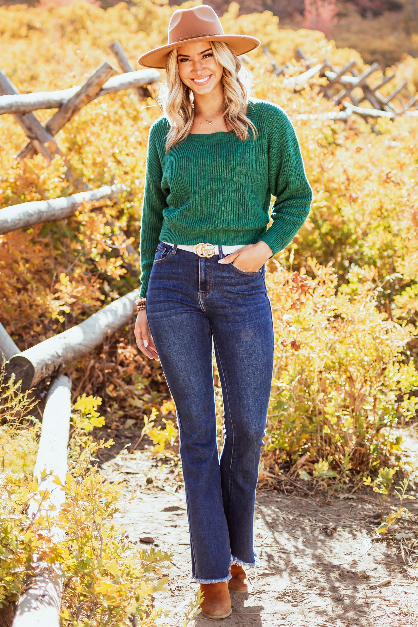 Forest Green Square Neckline Ribbed Knit Sweater