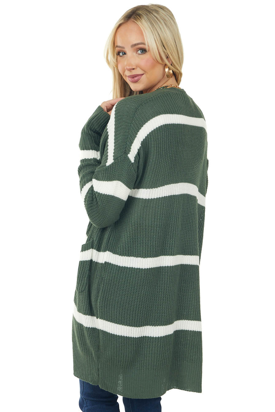 Forest Green Striped Open Cardigan with Pockets