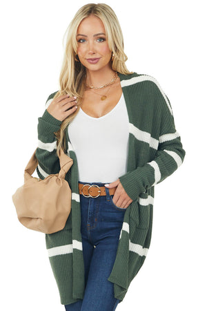Forest Green Striped Open Cardigan with Pockets