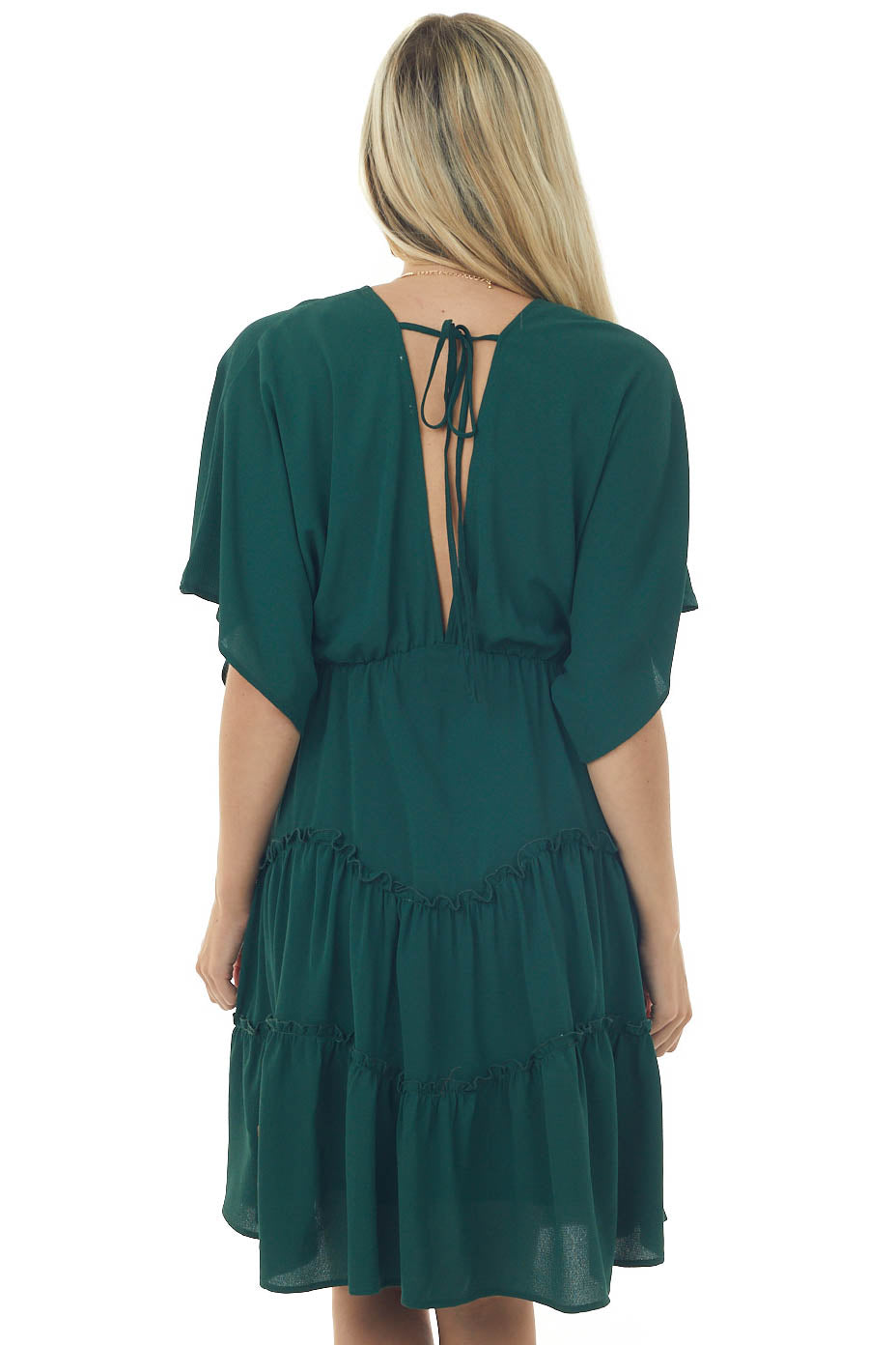Forest Green V Neckline Tiered Woven Short Dress