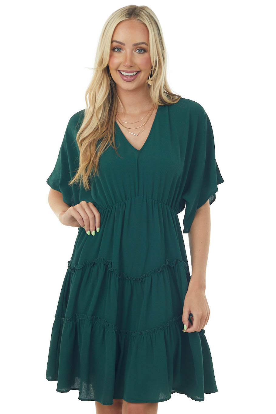 Forest Green V Neckline Tiered Woven Short Dress