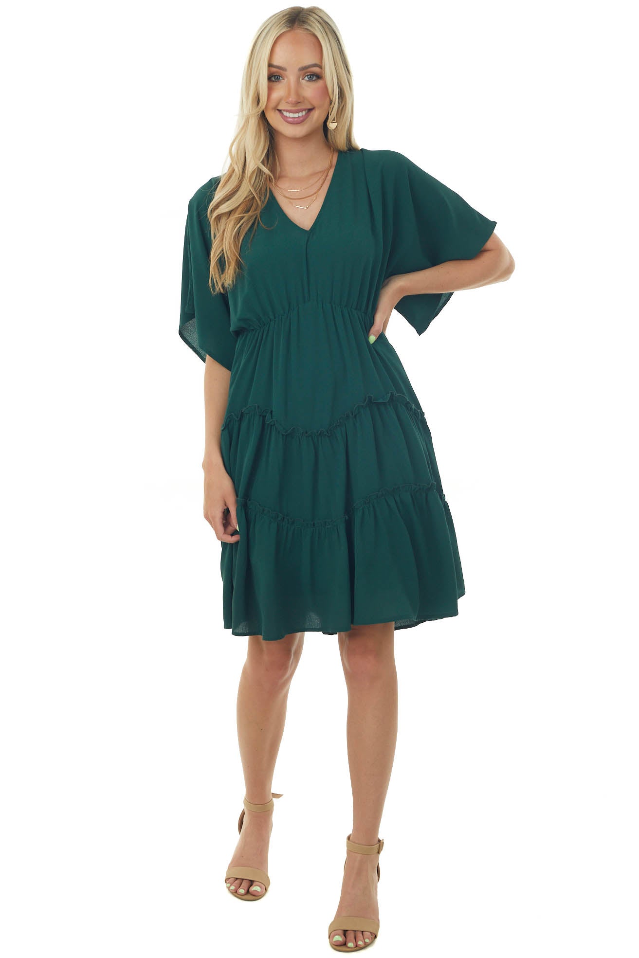 Forest Green V Neckline Tiered Woven Short Dress
