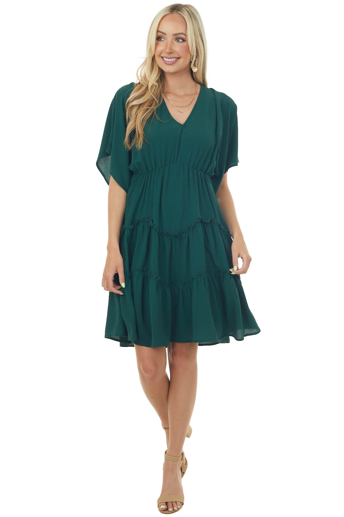 Forest Green V Neckline Tiered Woven Short Dress