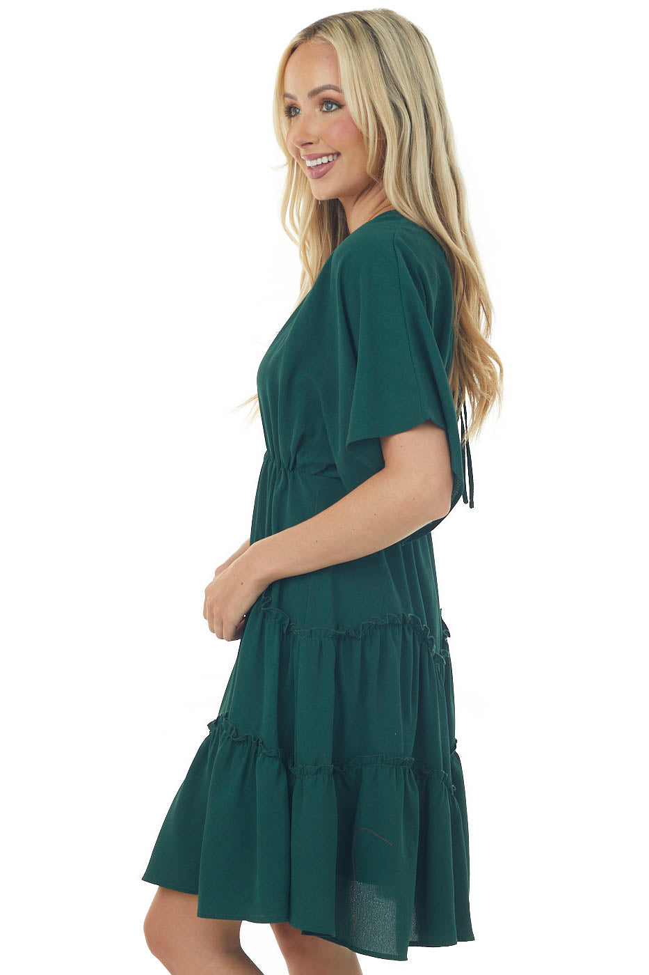 Forest Green V Neckline Tiered Woven Short Dress