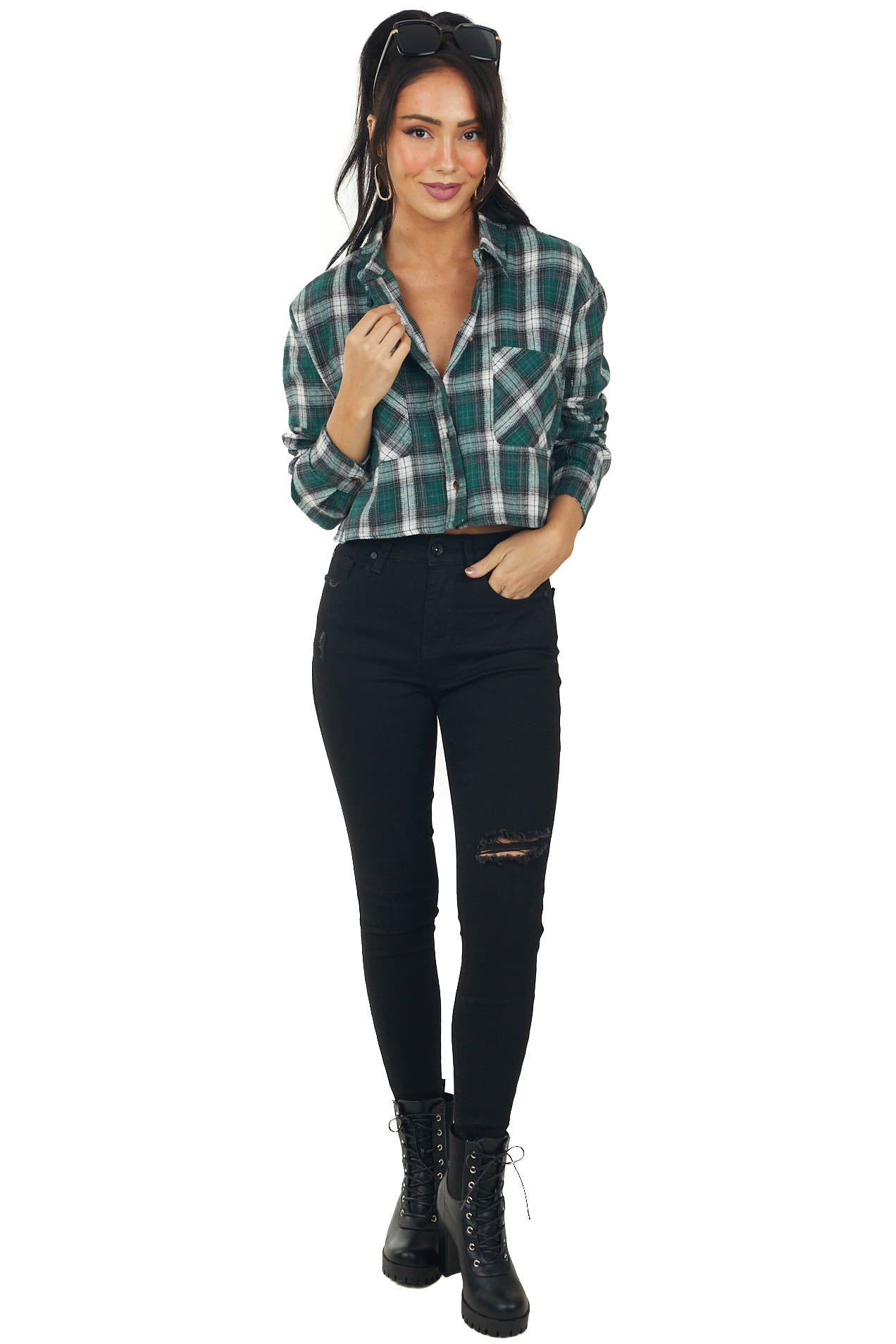 Forest and White Plaid Chest Pocket Crop Top