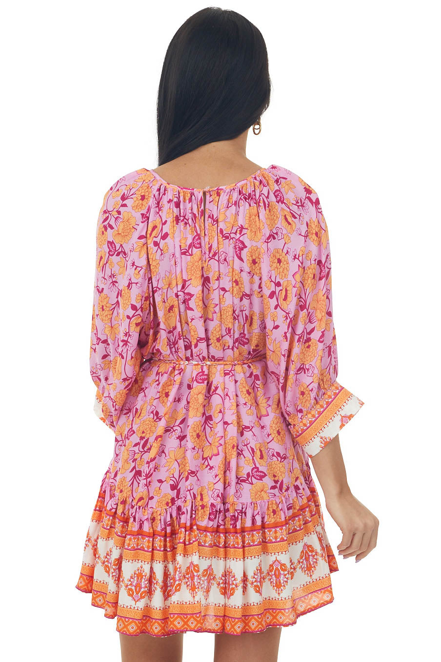 Fuchsia Border Print Braided Belt Mini Dress