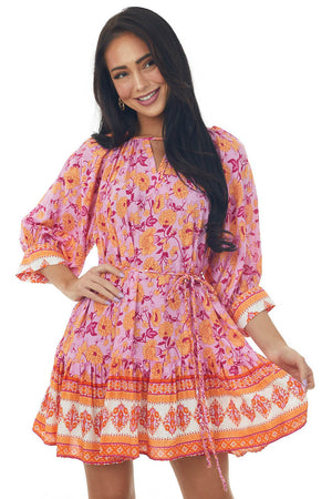 Fuchsia Border Print Braided Belt Mini Dress