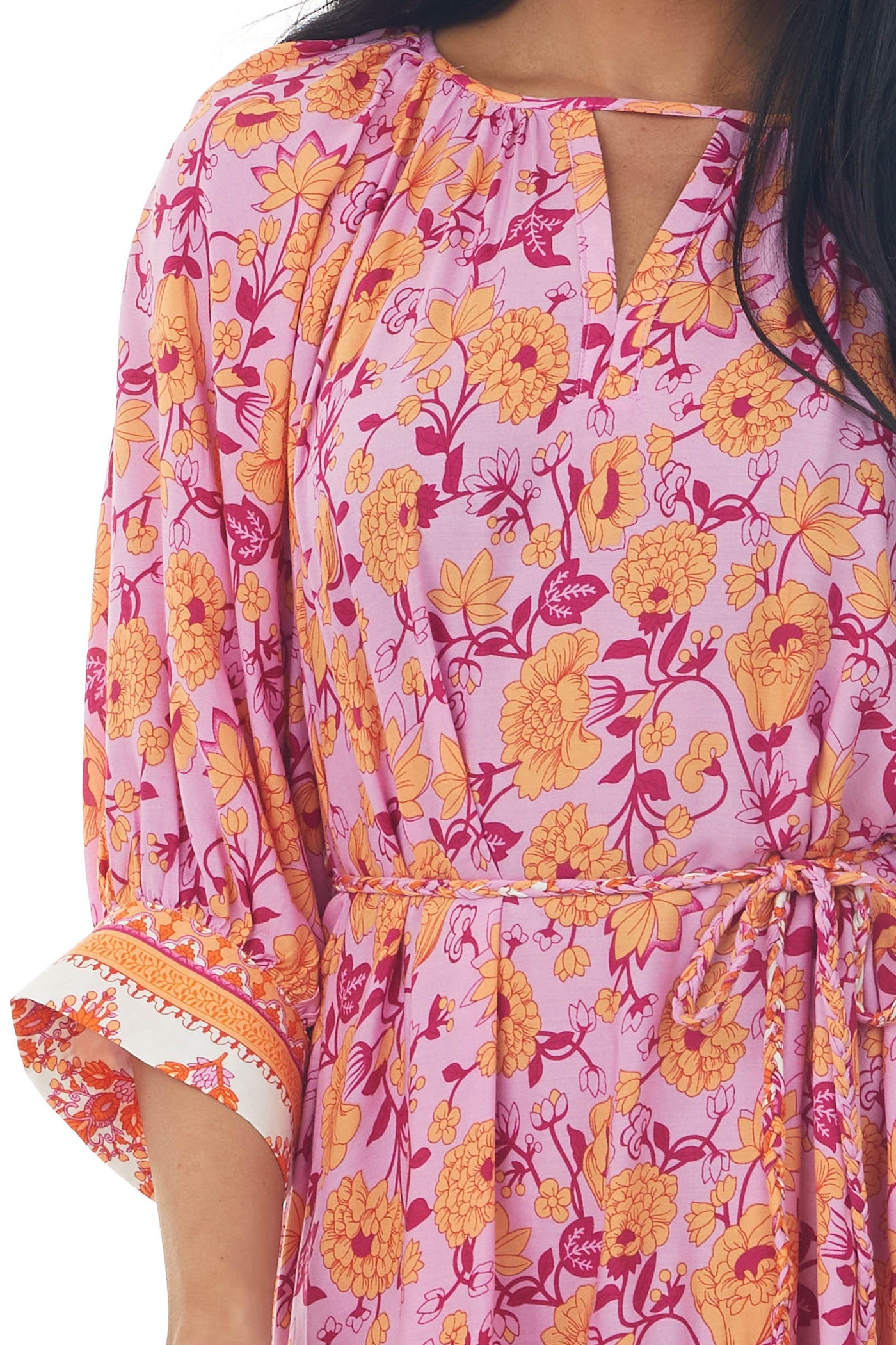 Fuchsia Border Print Braided Belt Mini Dress