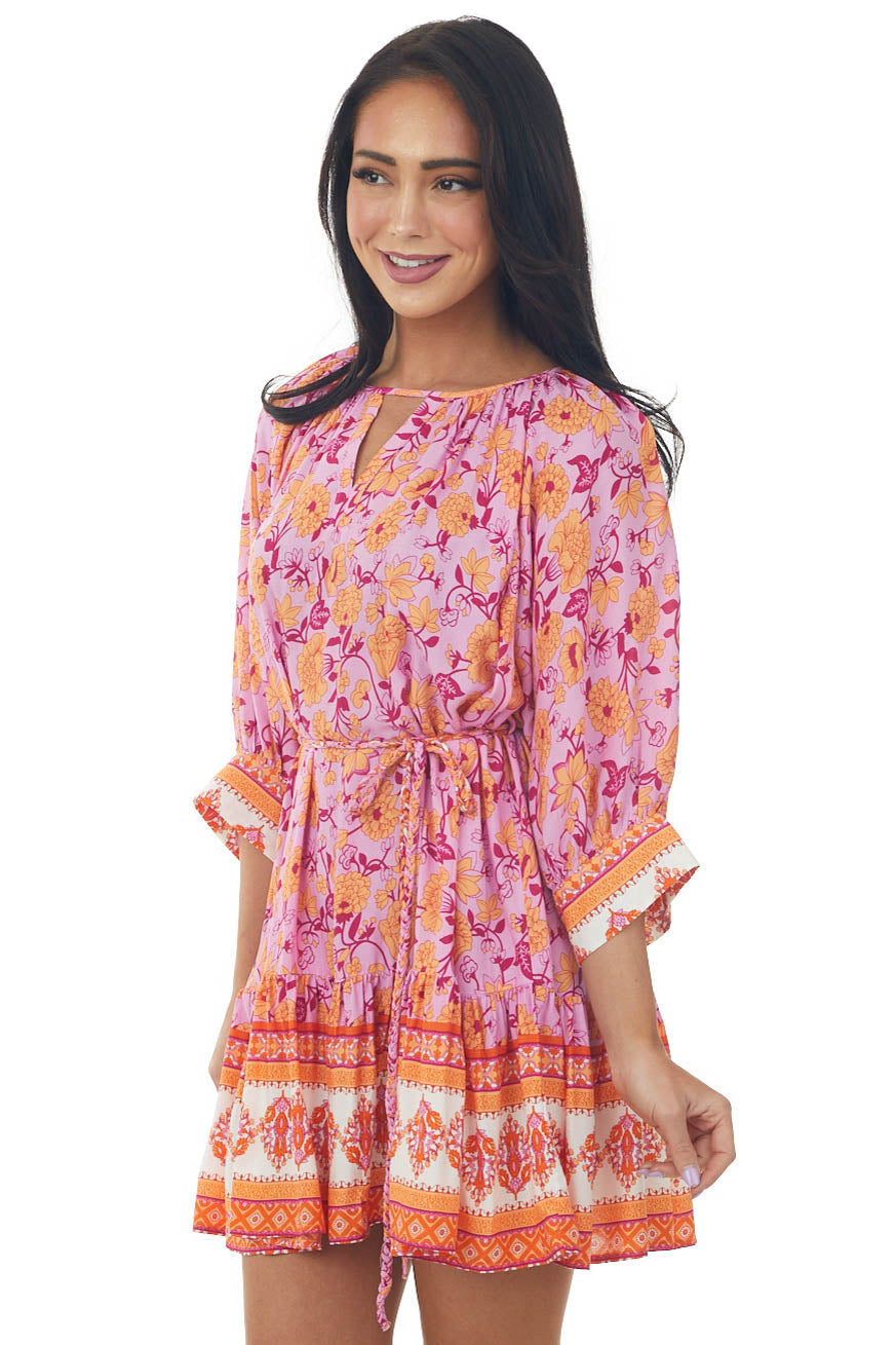 Fuchsia Border Print Braided Belt Mini Dress