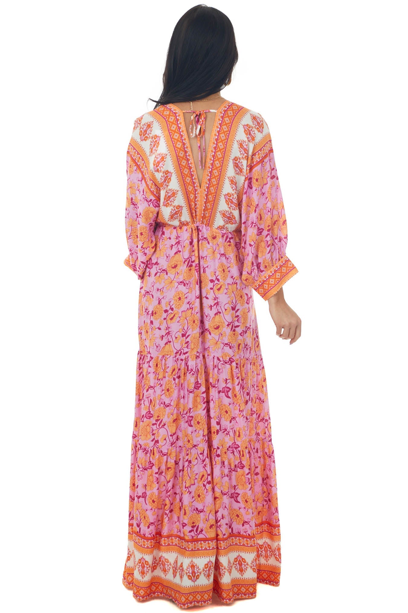 Fuchsia Border Print Dolman Sleeve Maxi Dress