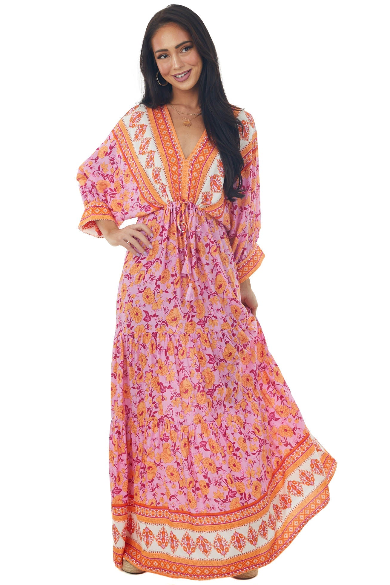 Fuchsia Border Print Dolman Sleeve Maxi Dress