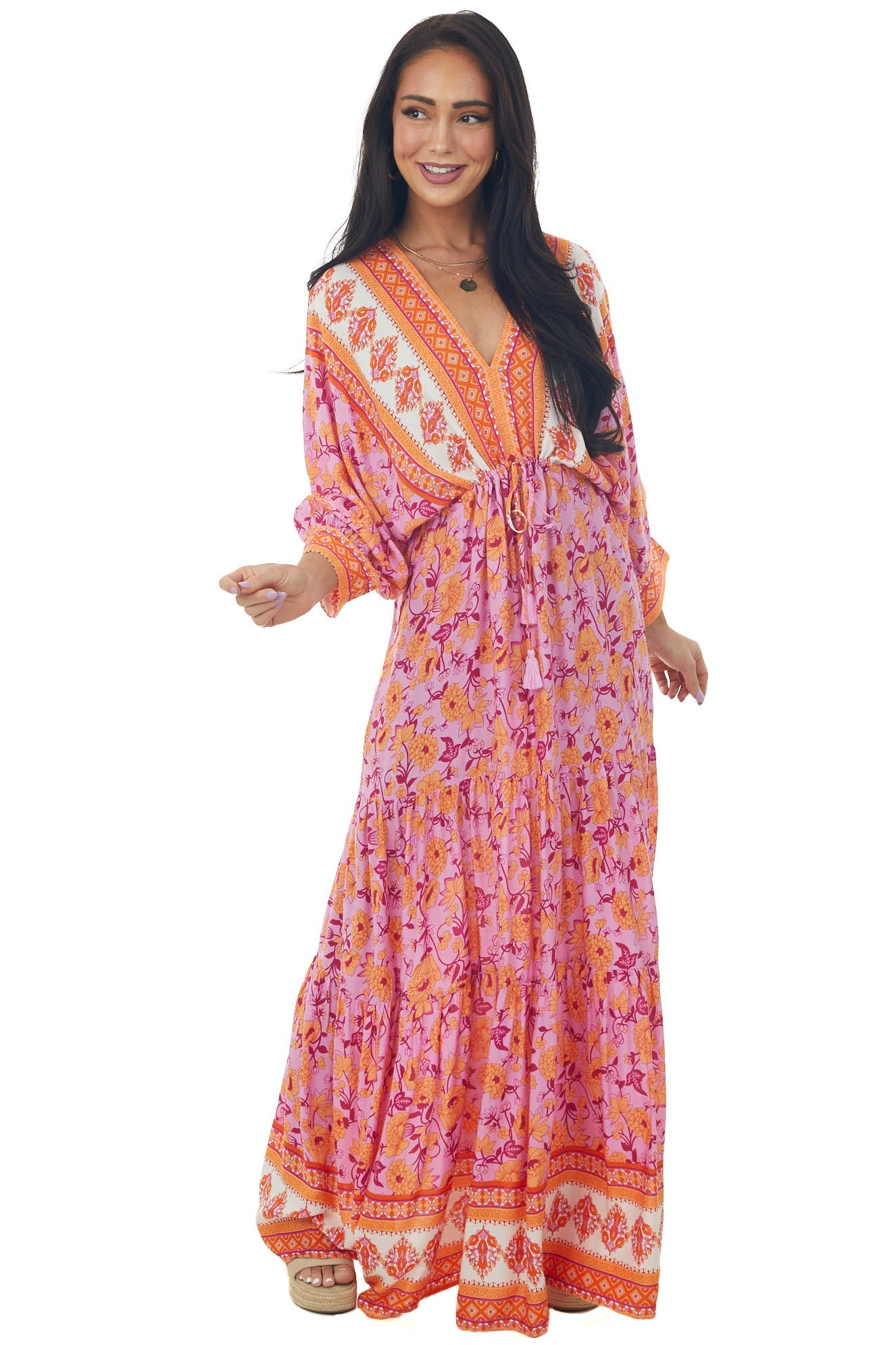 Fuchsia Border Print Dolman Sleeve Maxi Dress