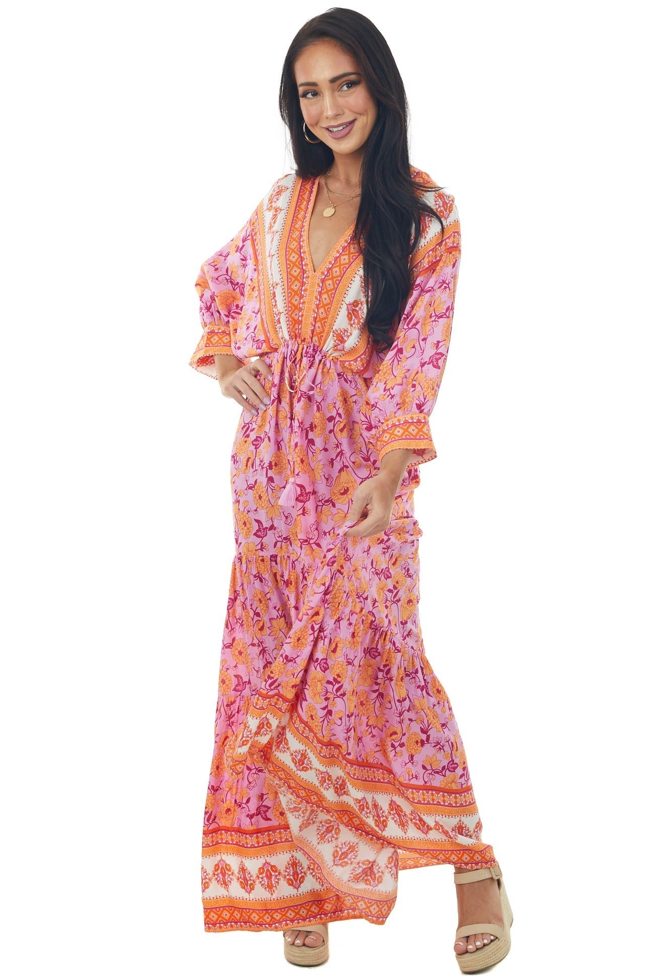 Fuchsia Border Print Dolman Sleeve Maxi Dress