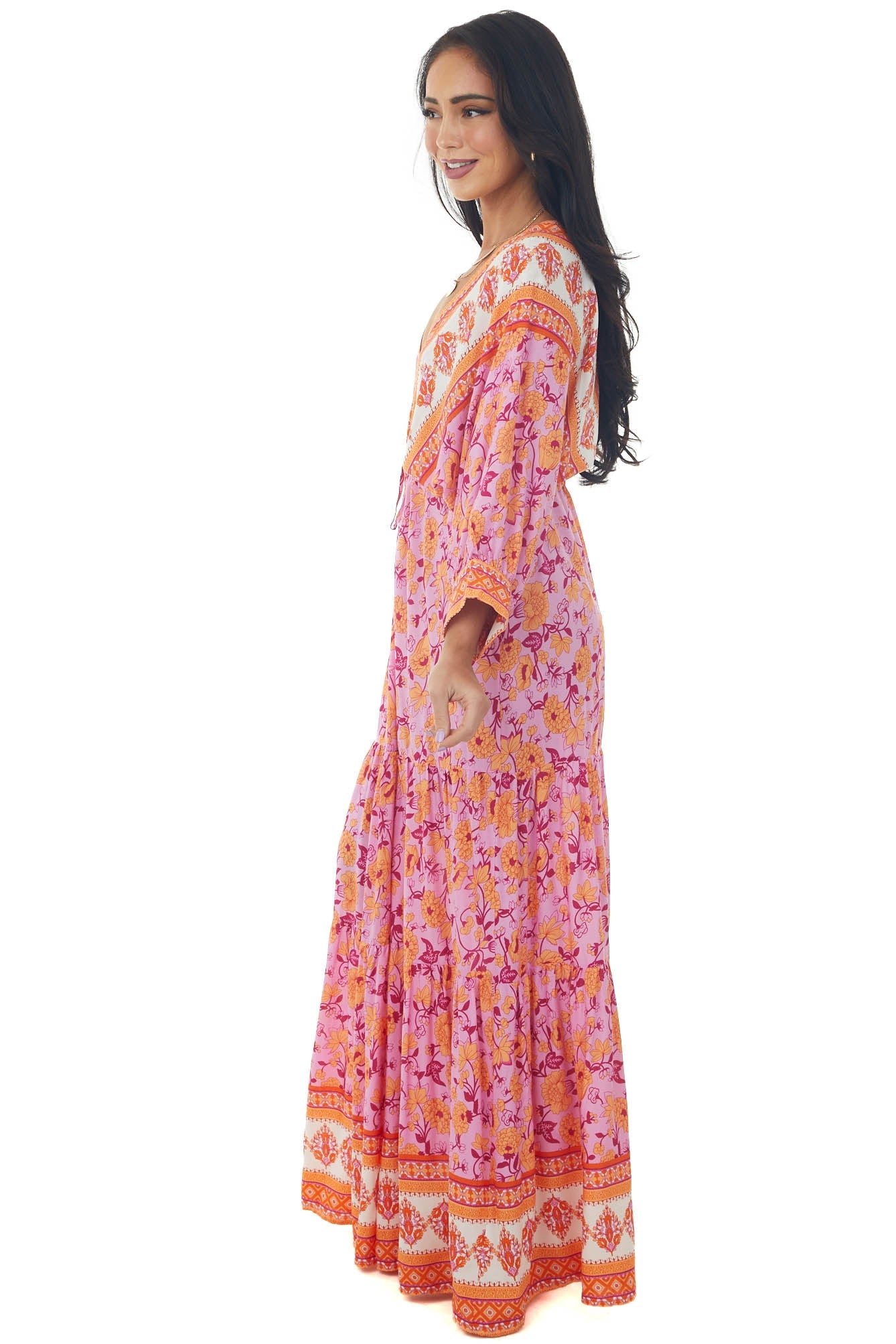 Fuchsia Border Print Dolman Sleeve Maxi Dress