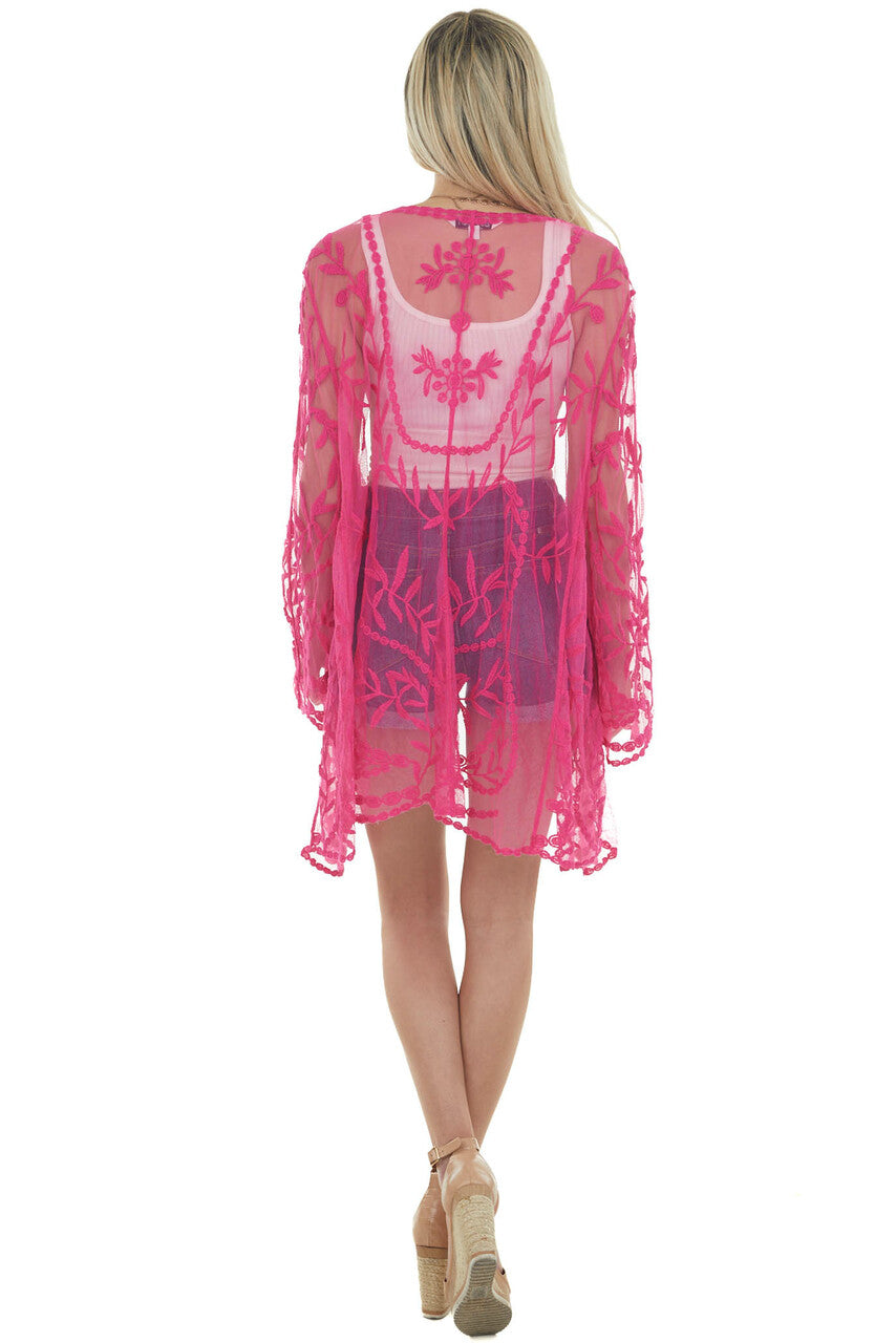 Fuchsia Crochet Lace Open Front Kimono 