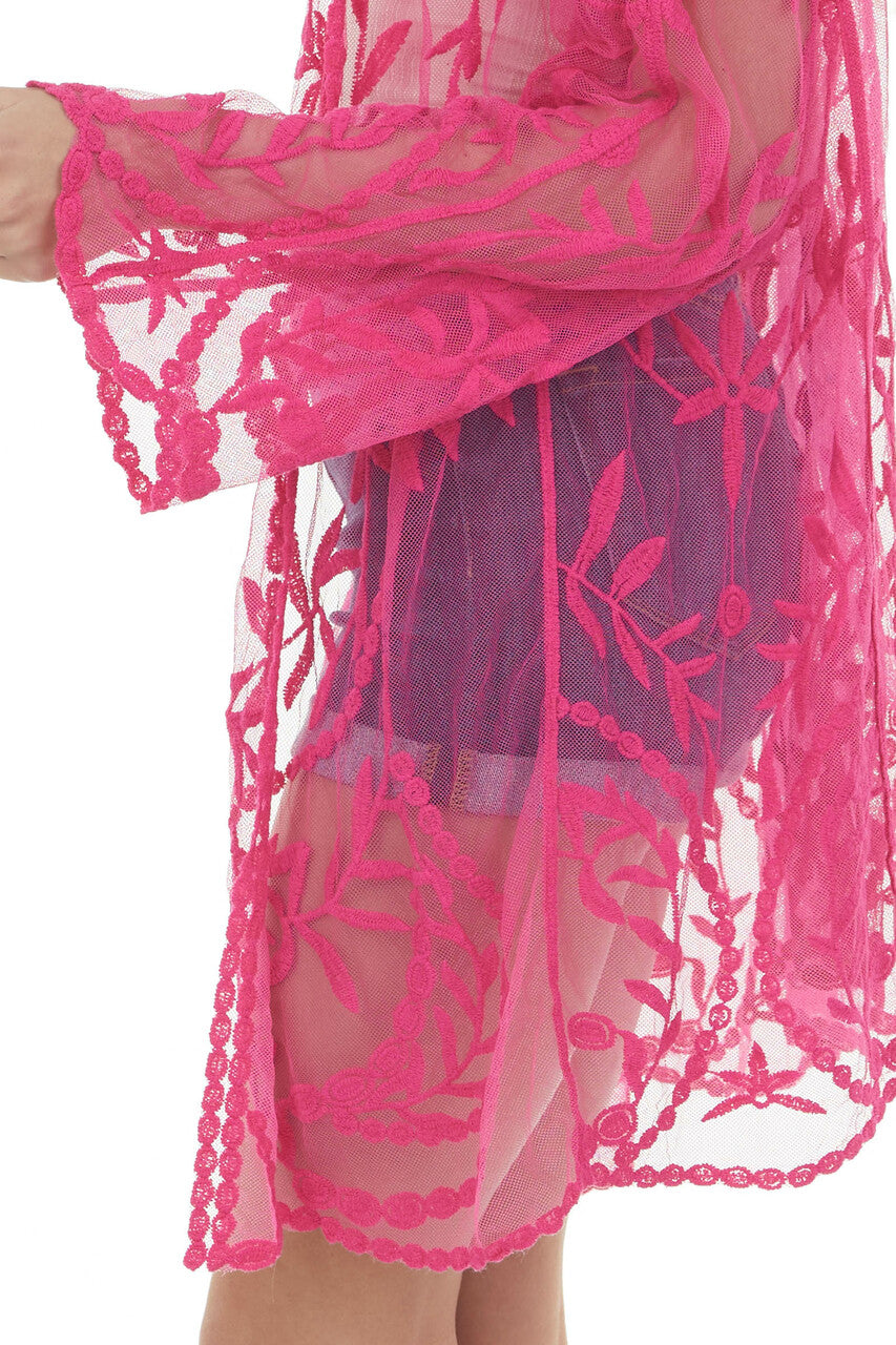Fuchsia Crochet Lace Open Front Kimono 