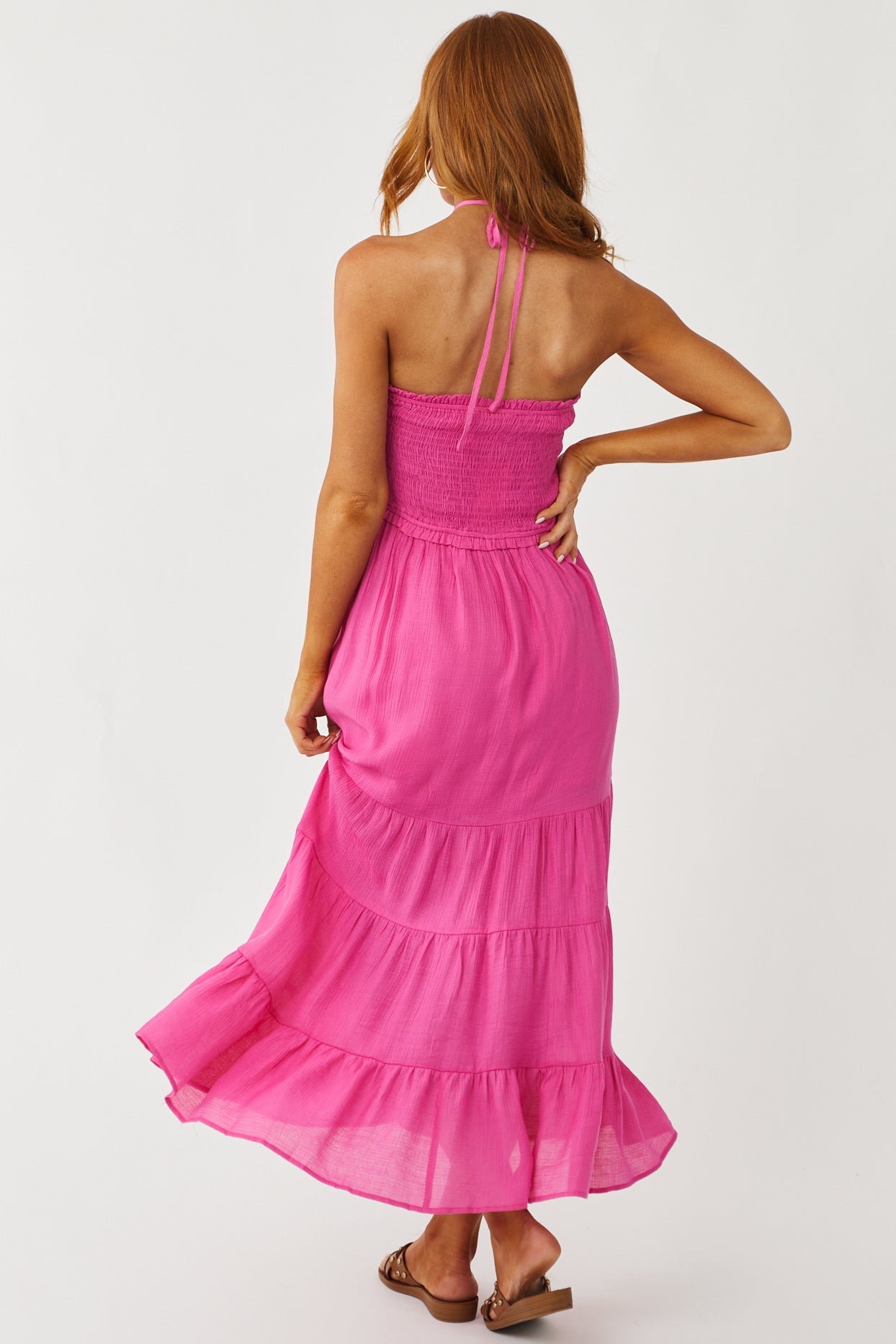 Fuchsia Halter Tie Smocked Bodice Midi Dress