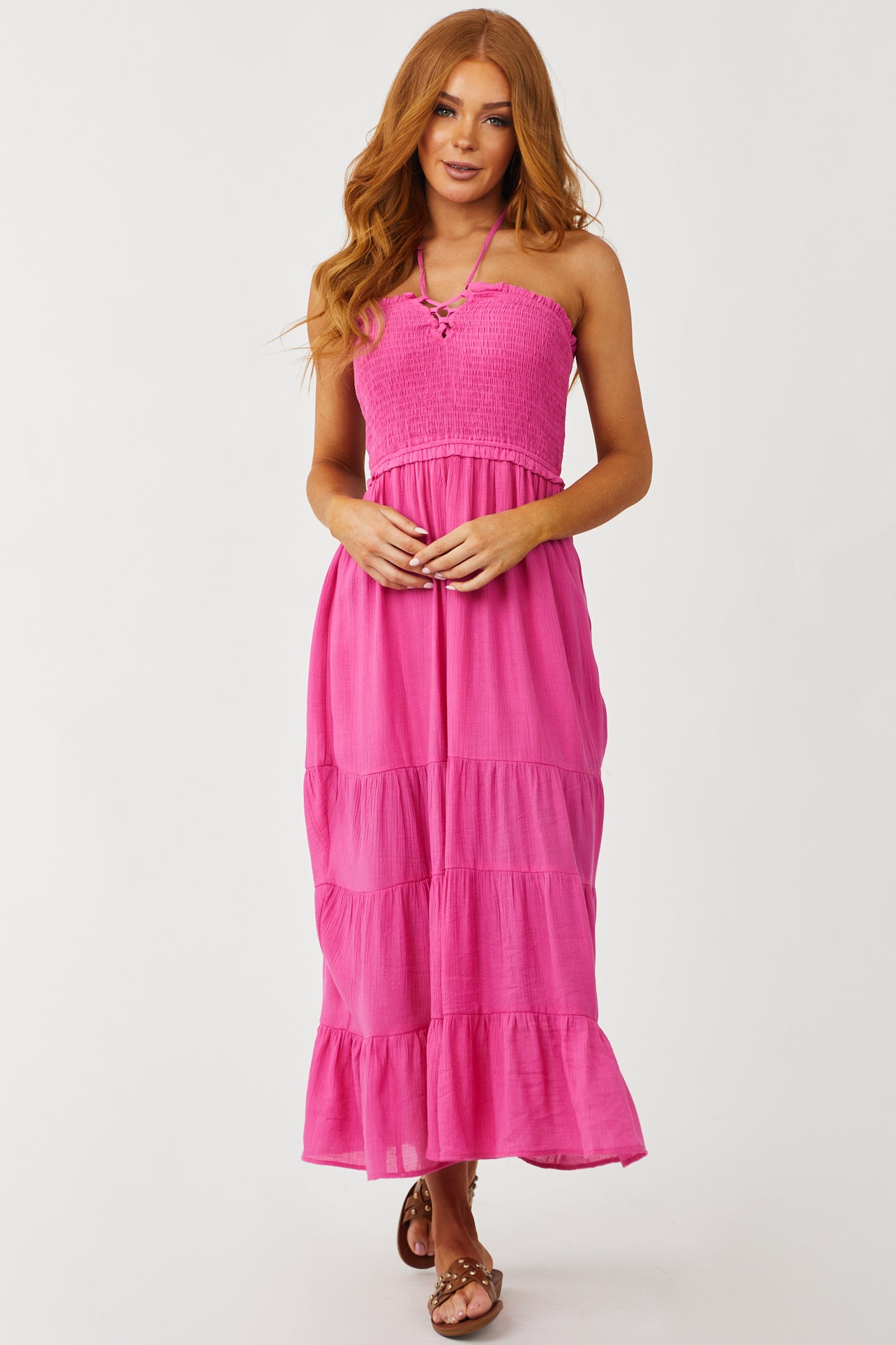 Fuchsia Halter Tie Smocked Bodice Midi Dress