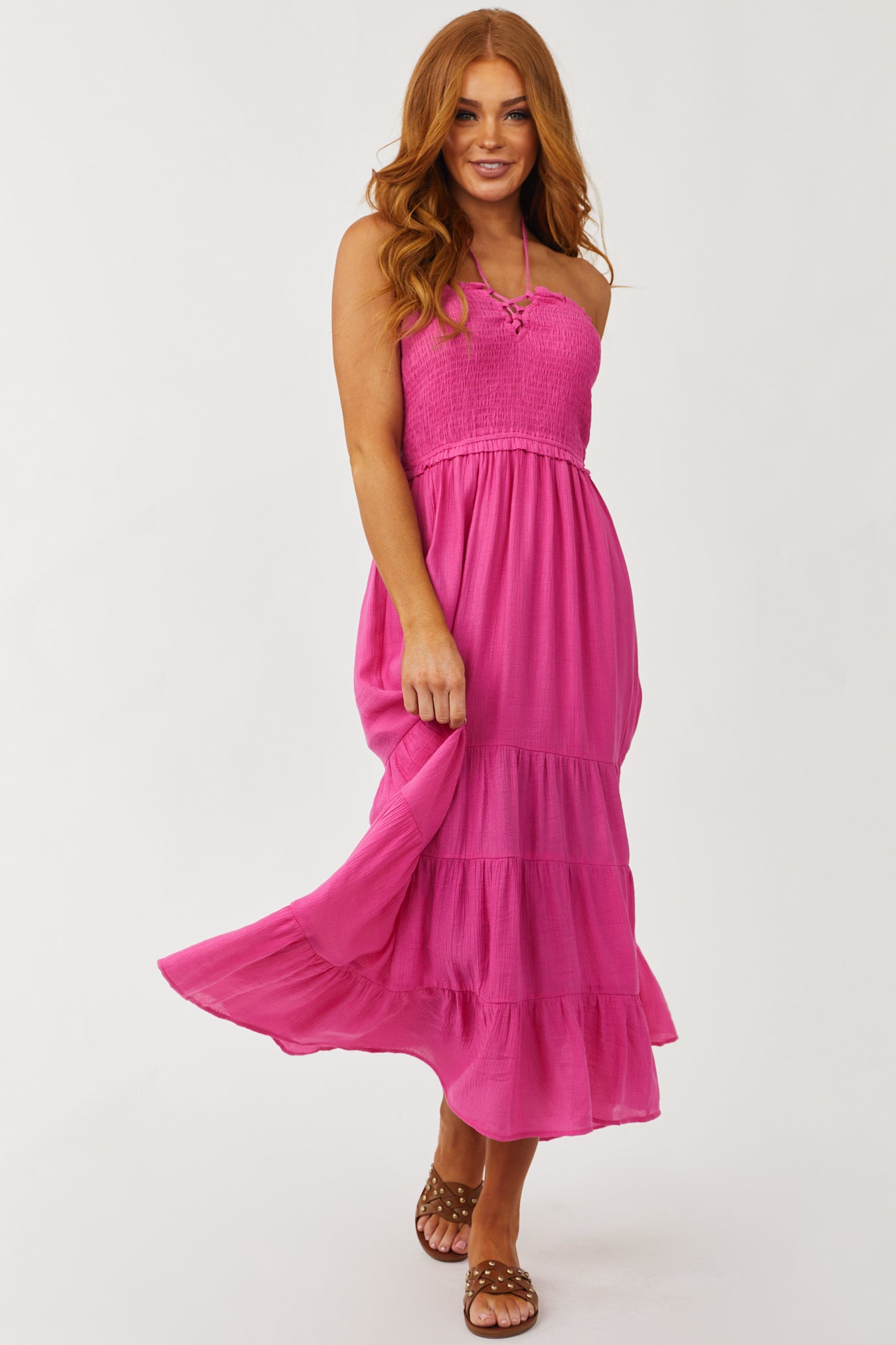 Fuchsia Halter Tie Smocked Bodice Midi Dress