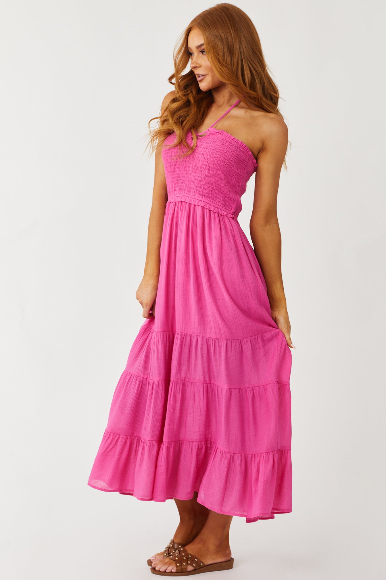 Fuchsia Halter Tie Smocked Bodice Midi Dress
