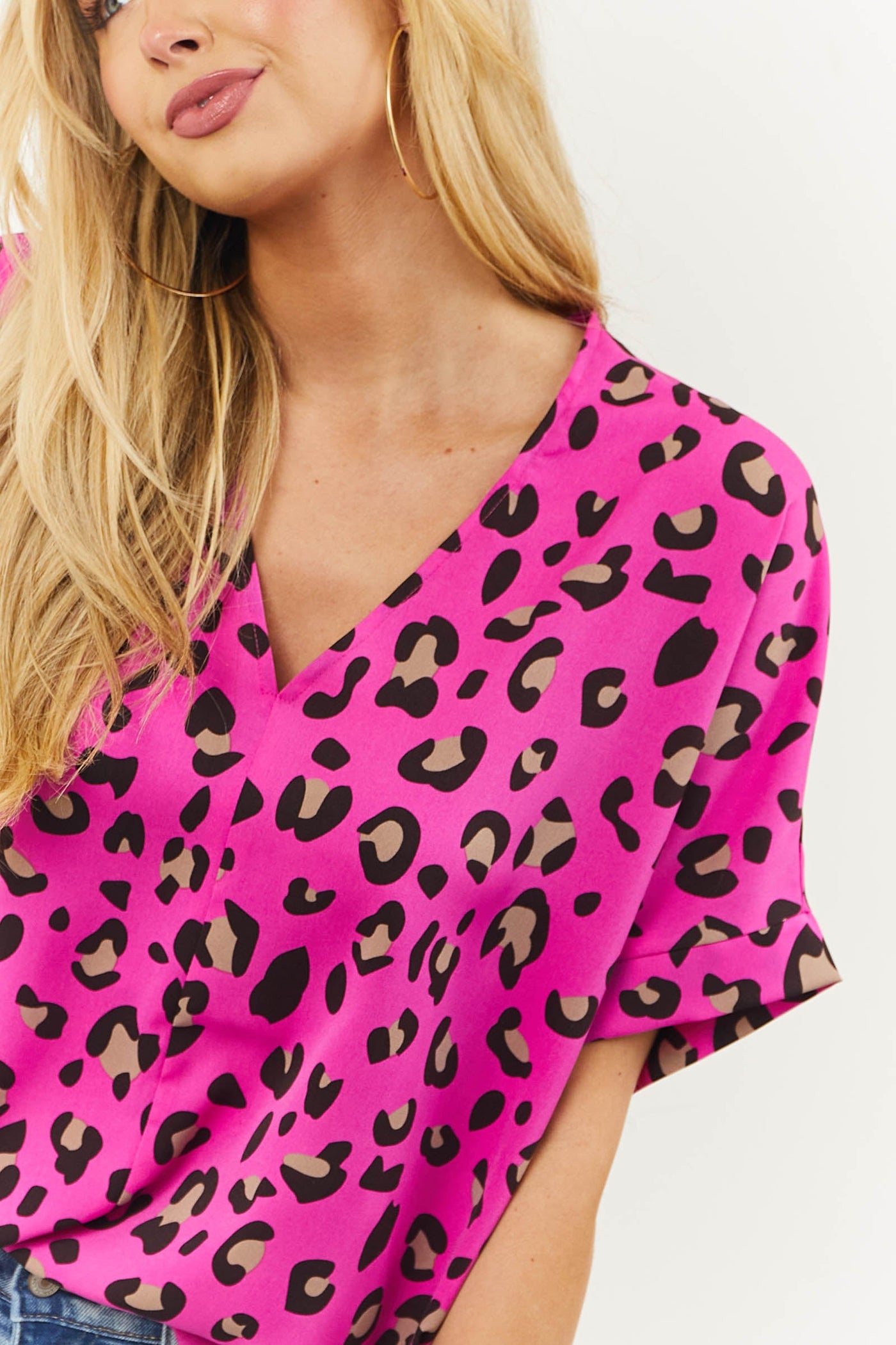 Fuchsia Leopard Print V Neck Woven Top