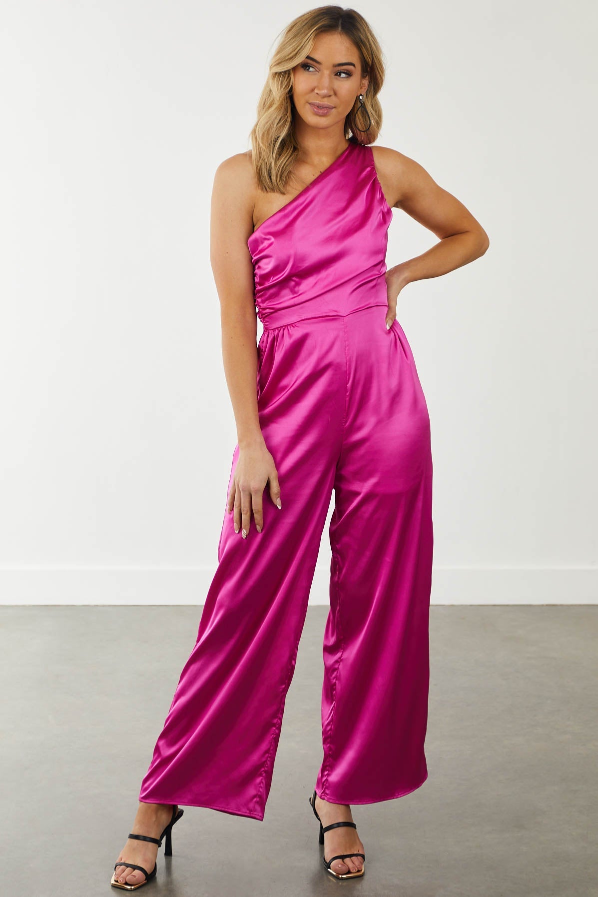 Fuchsia One Shoulder Wide Leg Satin Jumpsuit