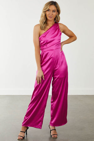 Fuchsia One Shoulder Wide Leg Satin Jumpsuit