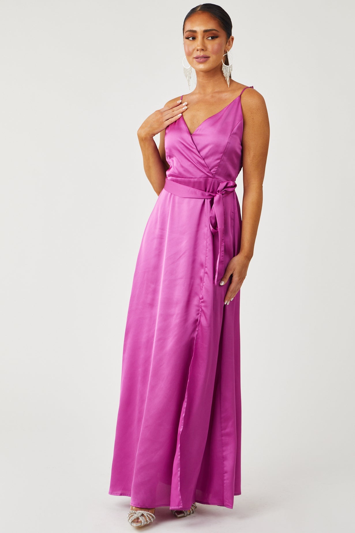 Fuchsia Satin Surplice Side Slit Maxi Dress