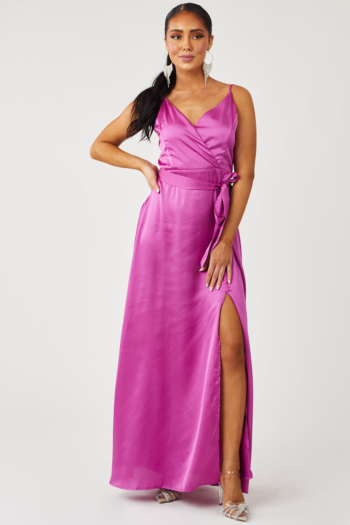 Fuchsia Satin Surplice Side Slit Maxi Dress