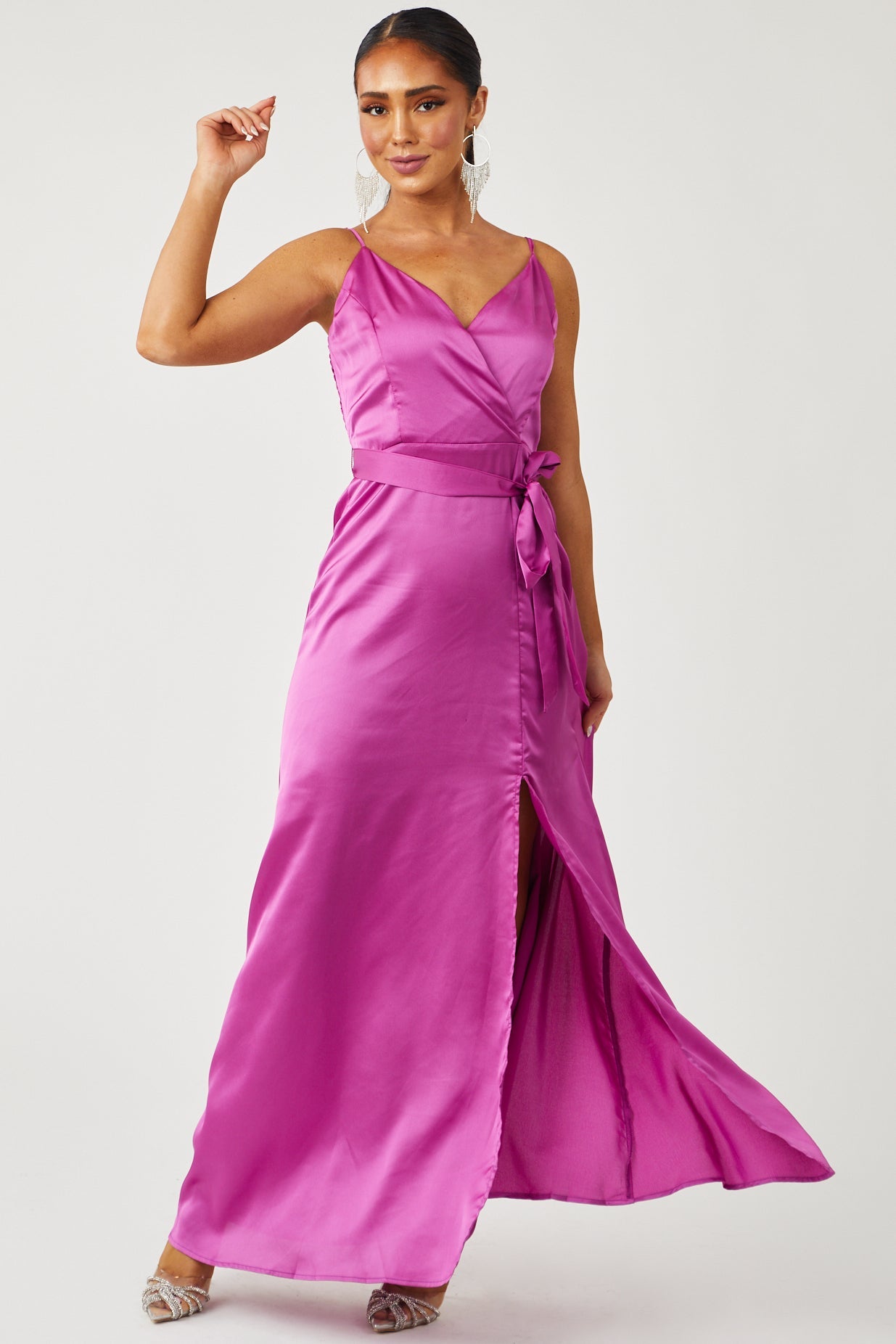 Fuchsia Satin Surplice Side Slit Maxi Dress