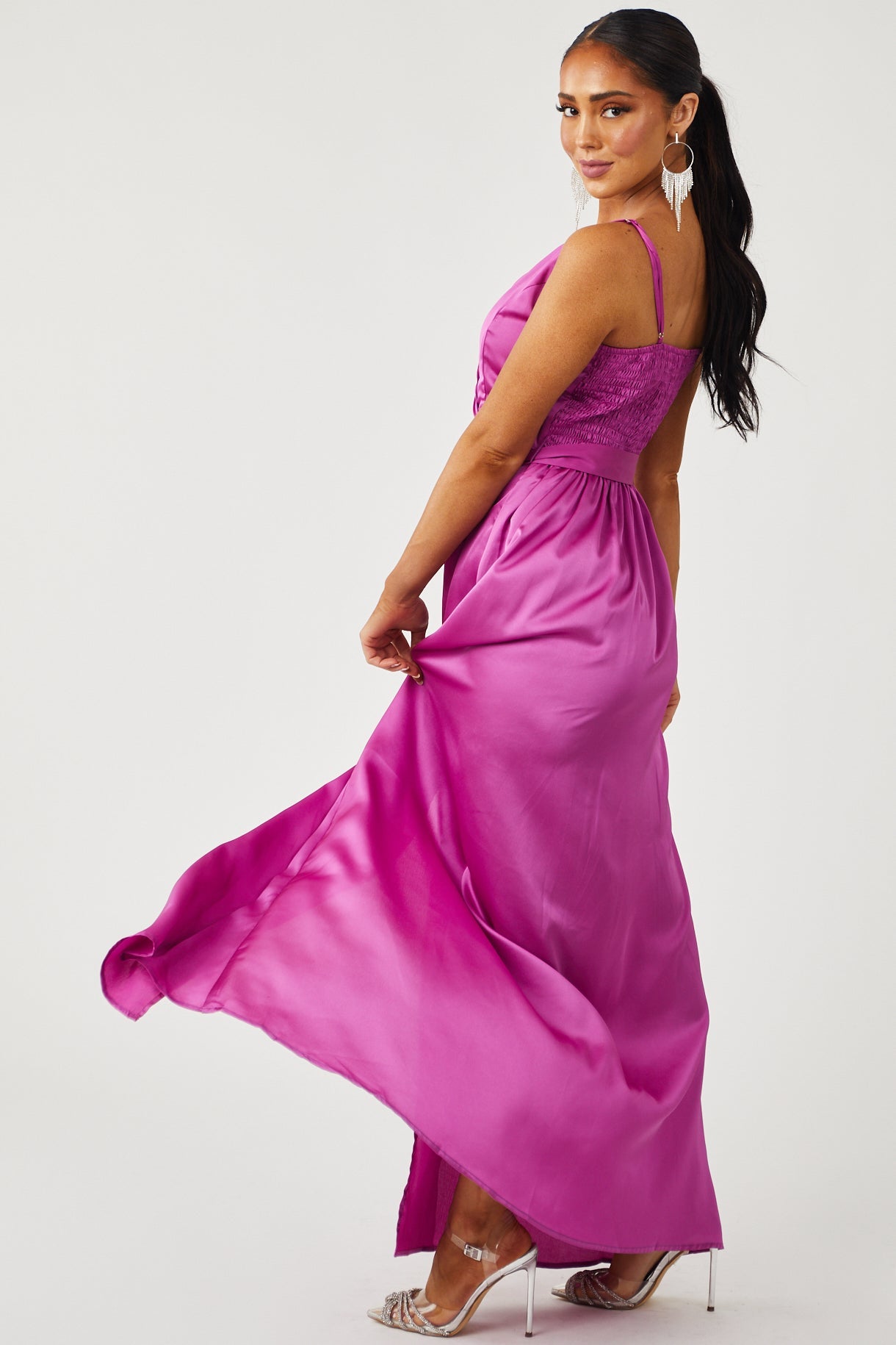 Fuchsia Satin Surplice Side Slit Maxi Dress