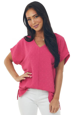 Fuchsia Swiss Dot Short Sleeve V Neck Top