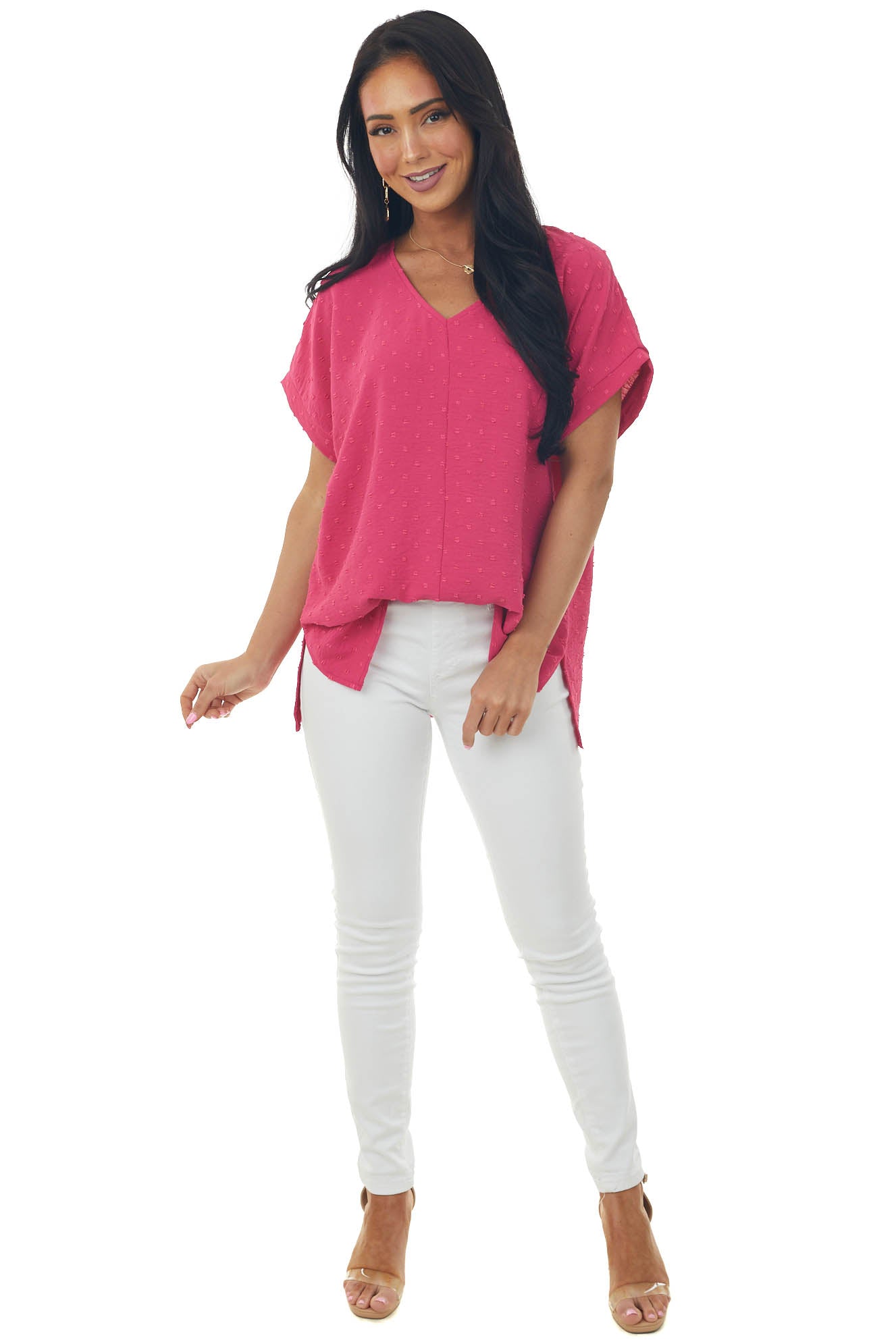 Fuchsia Swiss Dot Short Sleeve V Neck Top