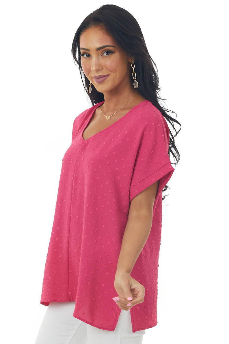 Fuchsia Swiss Dot Short Sleeve V Neck Top