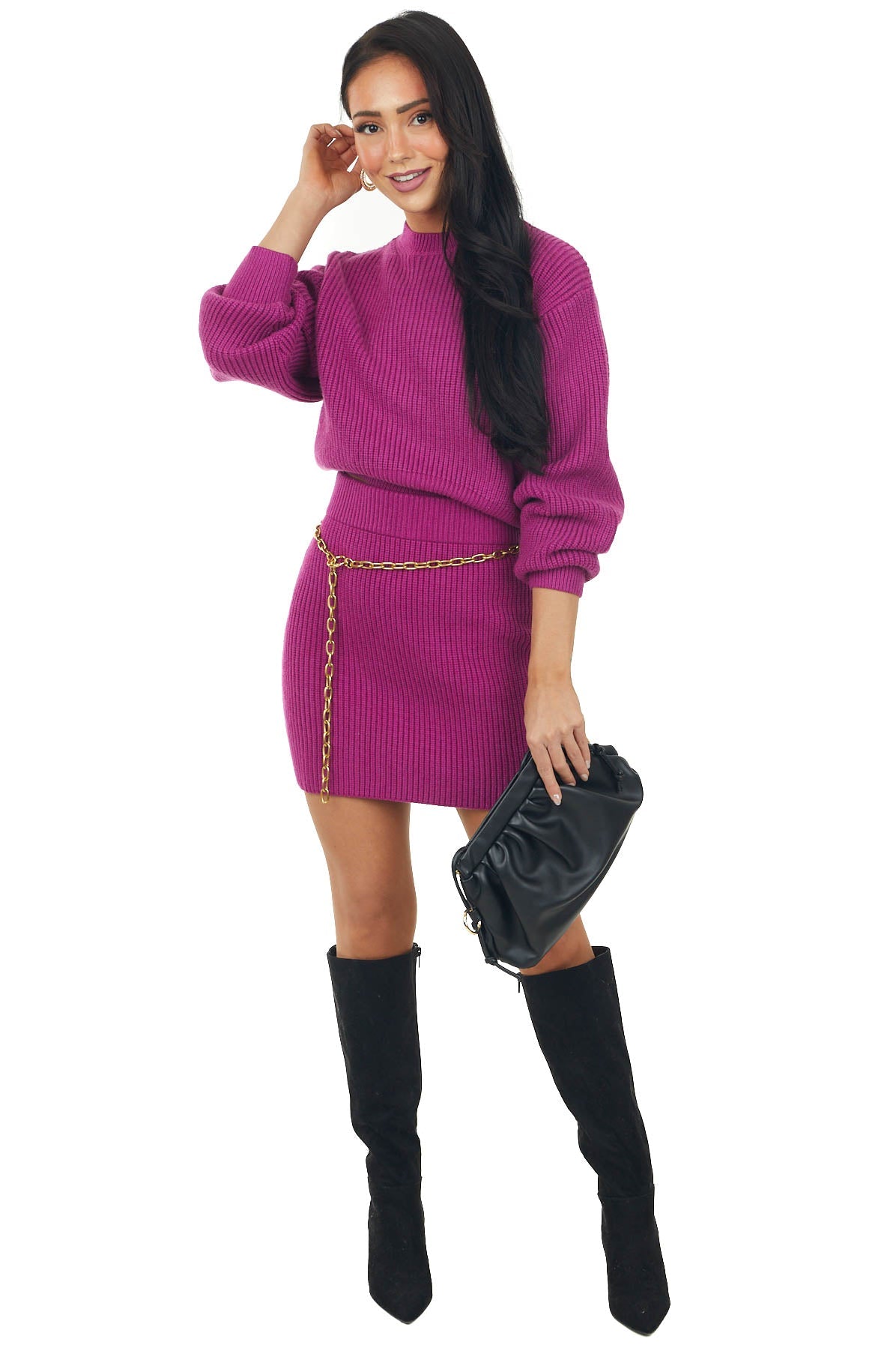 Fuchsia Thick Ribbed Cropped Sweater Top