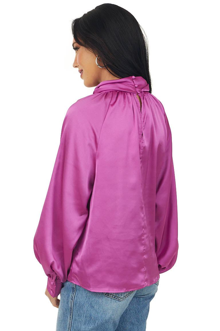 Fuchsia Twist Neck Bubble Sleeve Satin Blouse