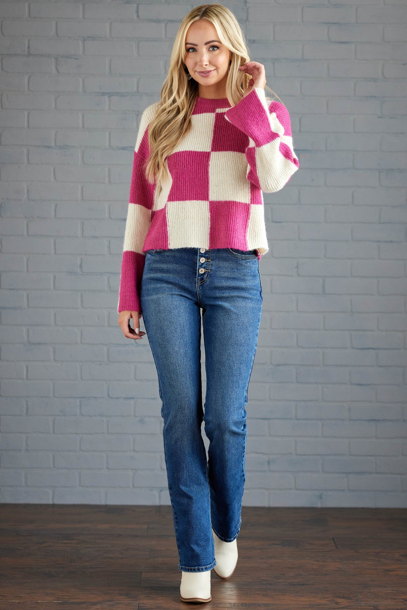 Fuchsia and Ivory Checkered Wide Sleeve Sweater