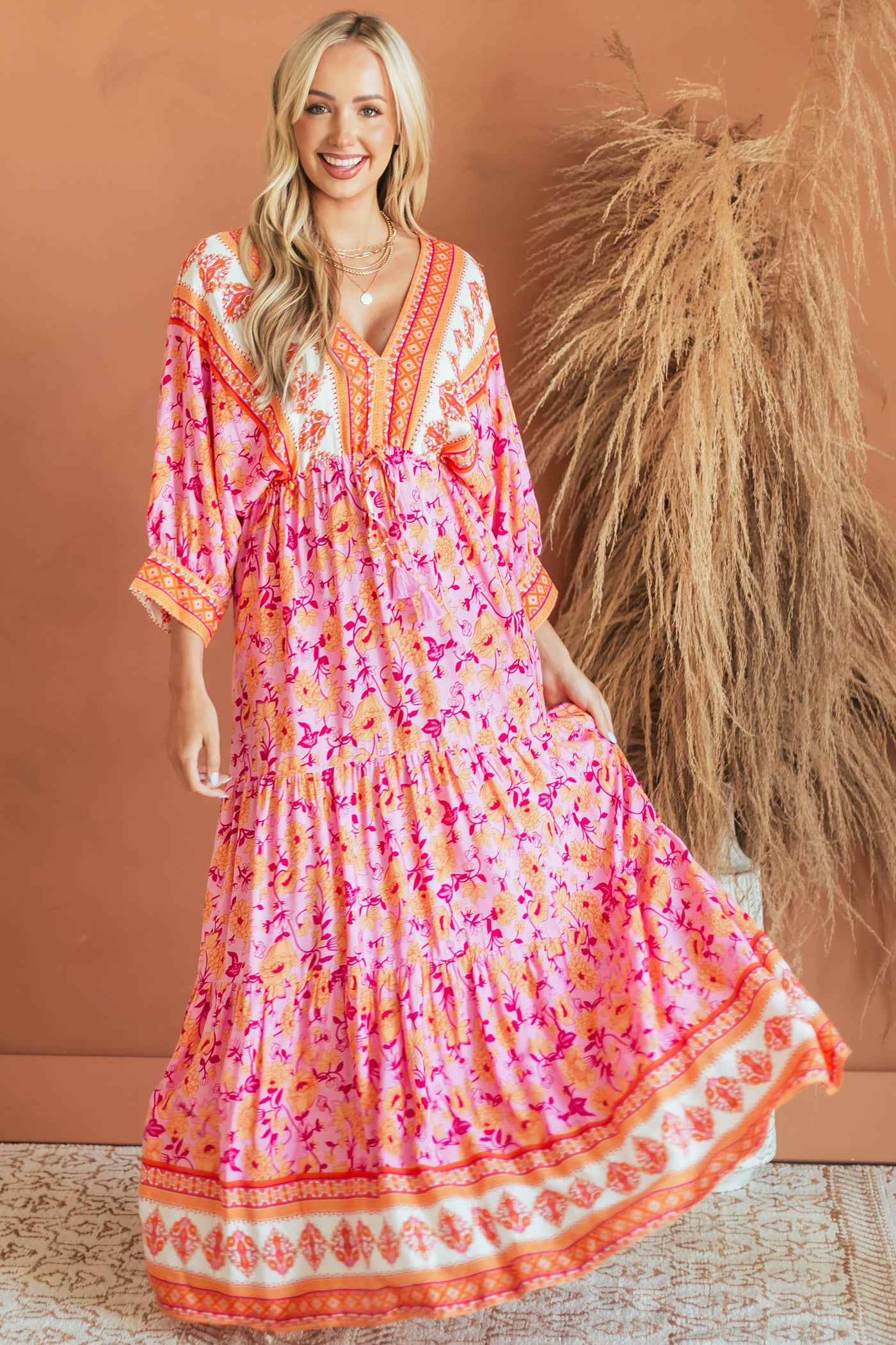 Fuchsia Border Print Dolman Sleeve Maxi Dress