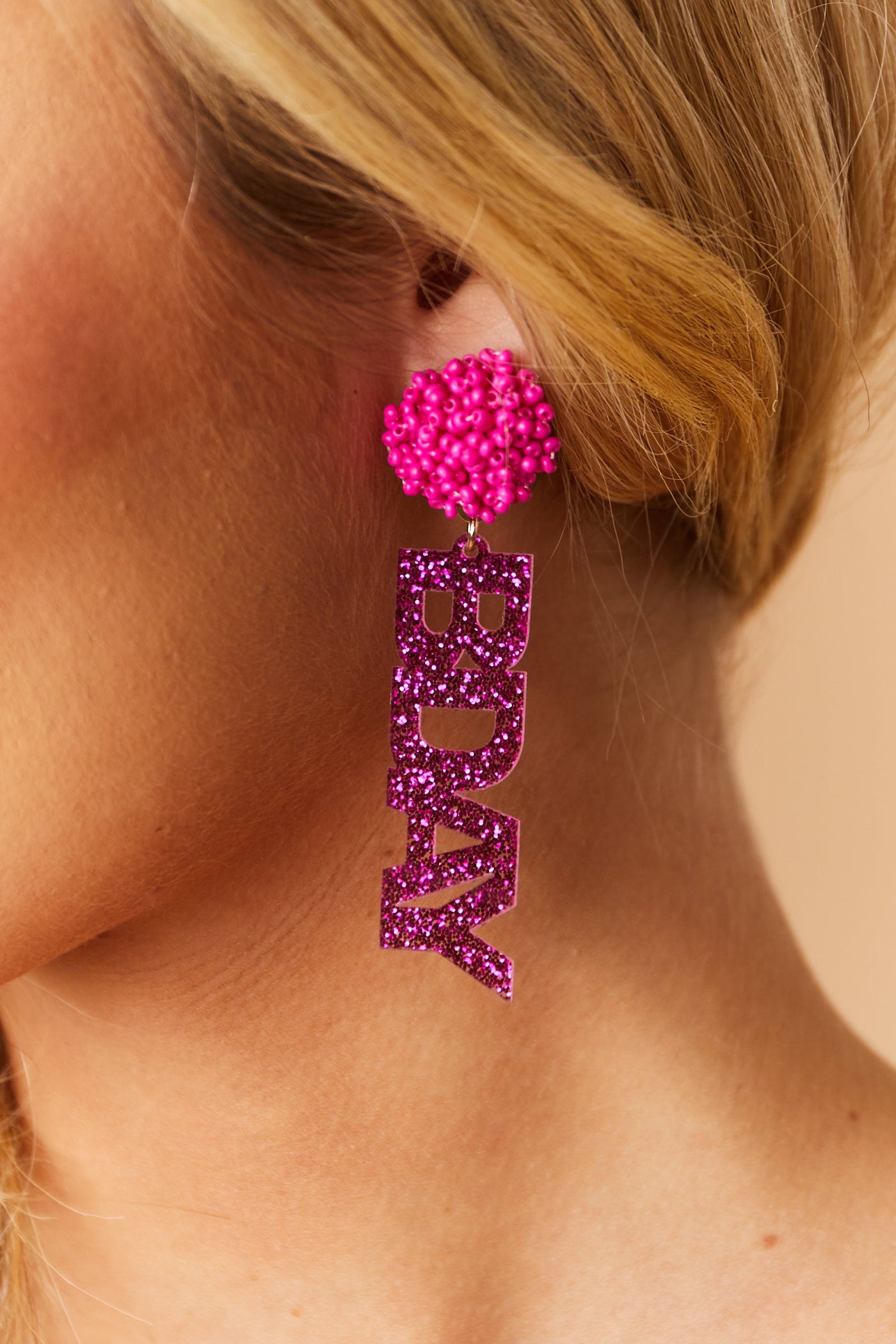 Fuchsia 'Bday Girl' Seed Bead Stud Drop Earrings