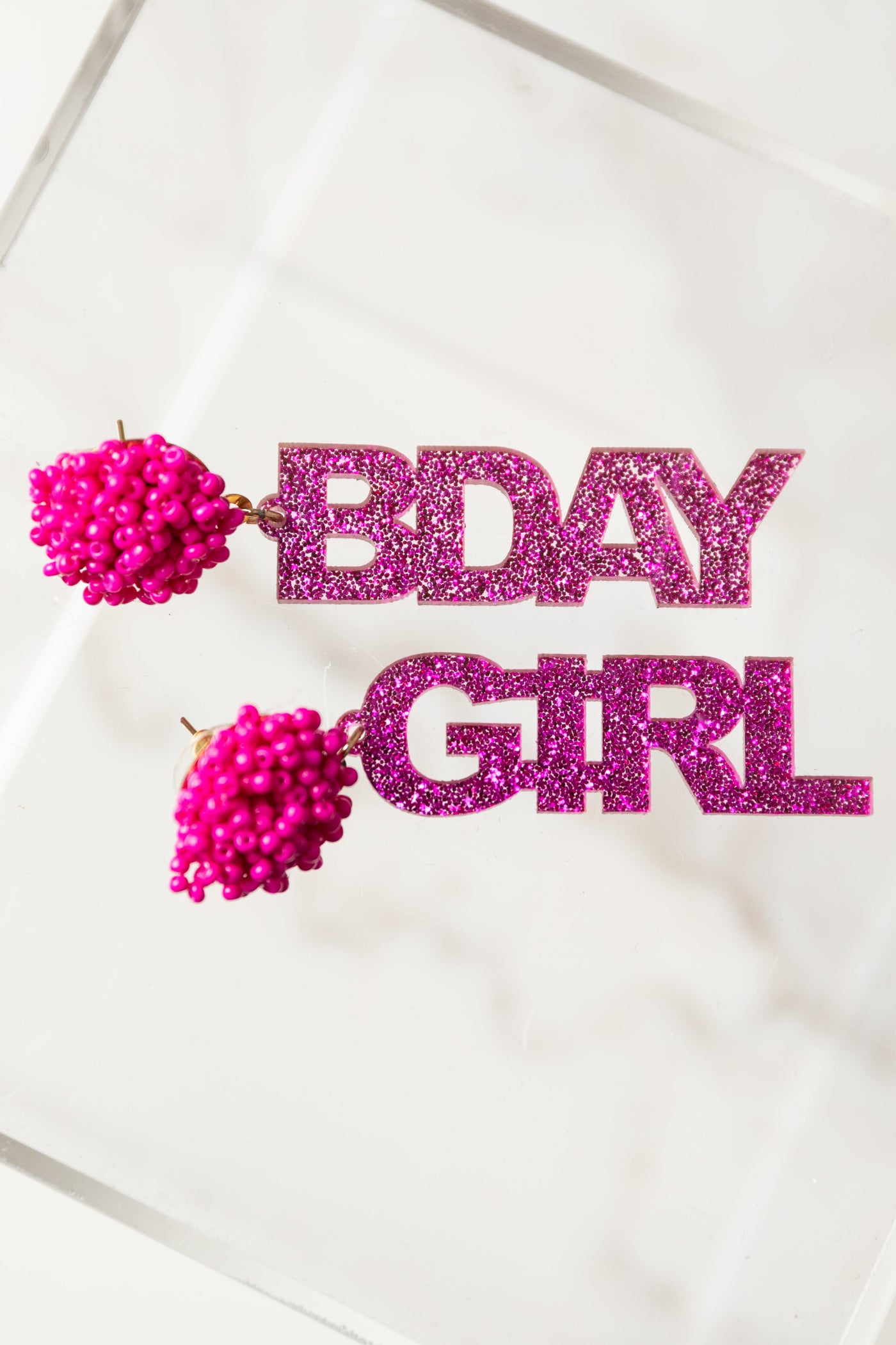 Fuchsia 'Bday Girl' Seed Bead Stud Drop Earrings