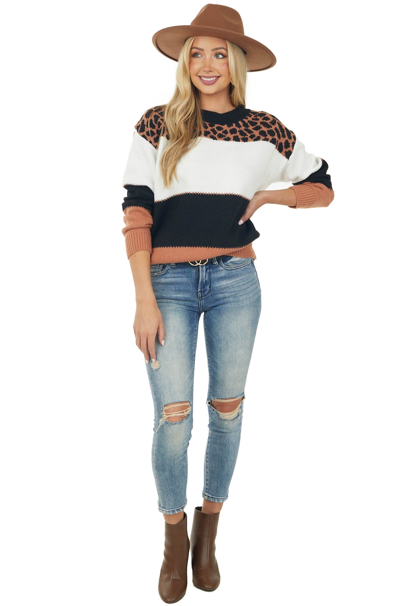 Ginger Animal Print Colorblock Long Sleeve Sweater