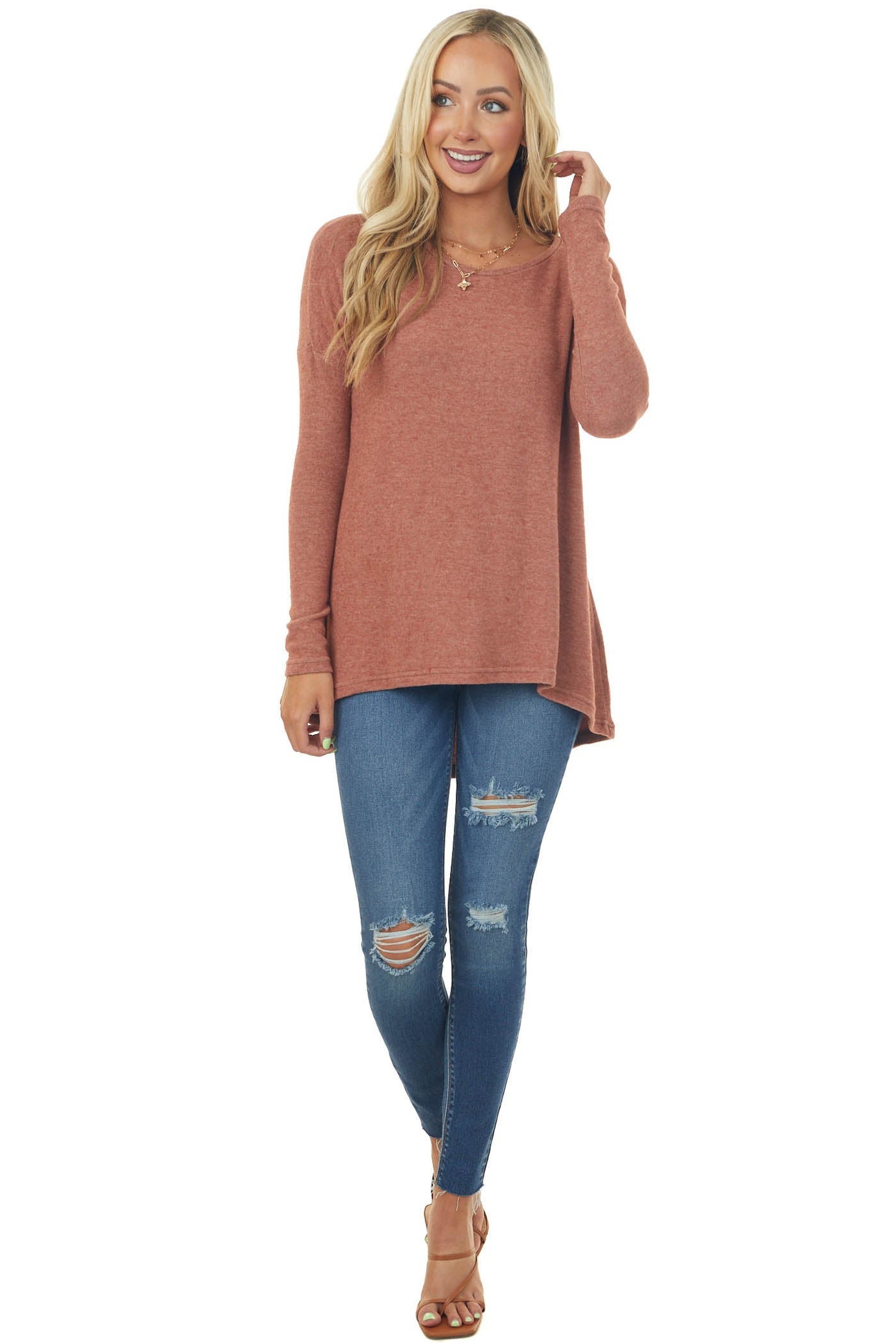 Ginger Brushed Knit Top with High Low Hemline