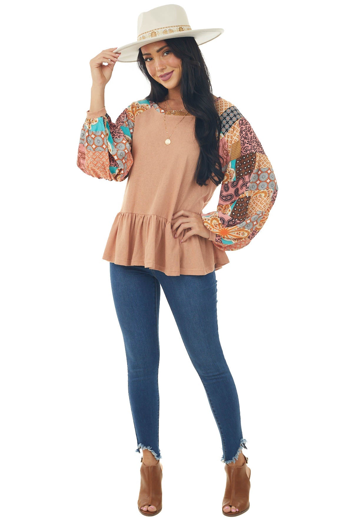 Ginger Long Multiprint Sleeve Drop Waist Top