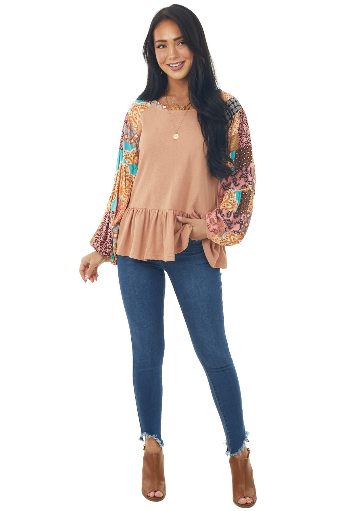 Ginger Long Multiprint Sleeve Drop Waist Top