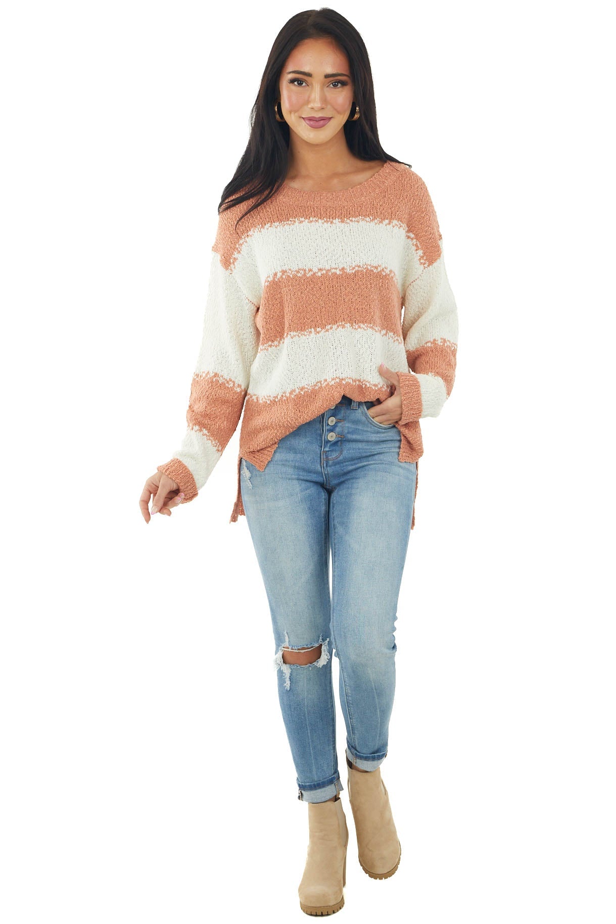 Ginger and Cream Striped Loose Fit Sweater