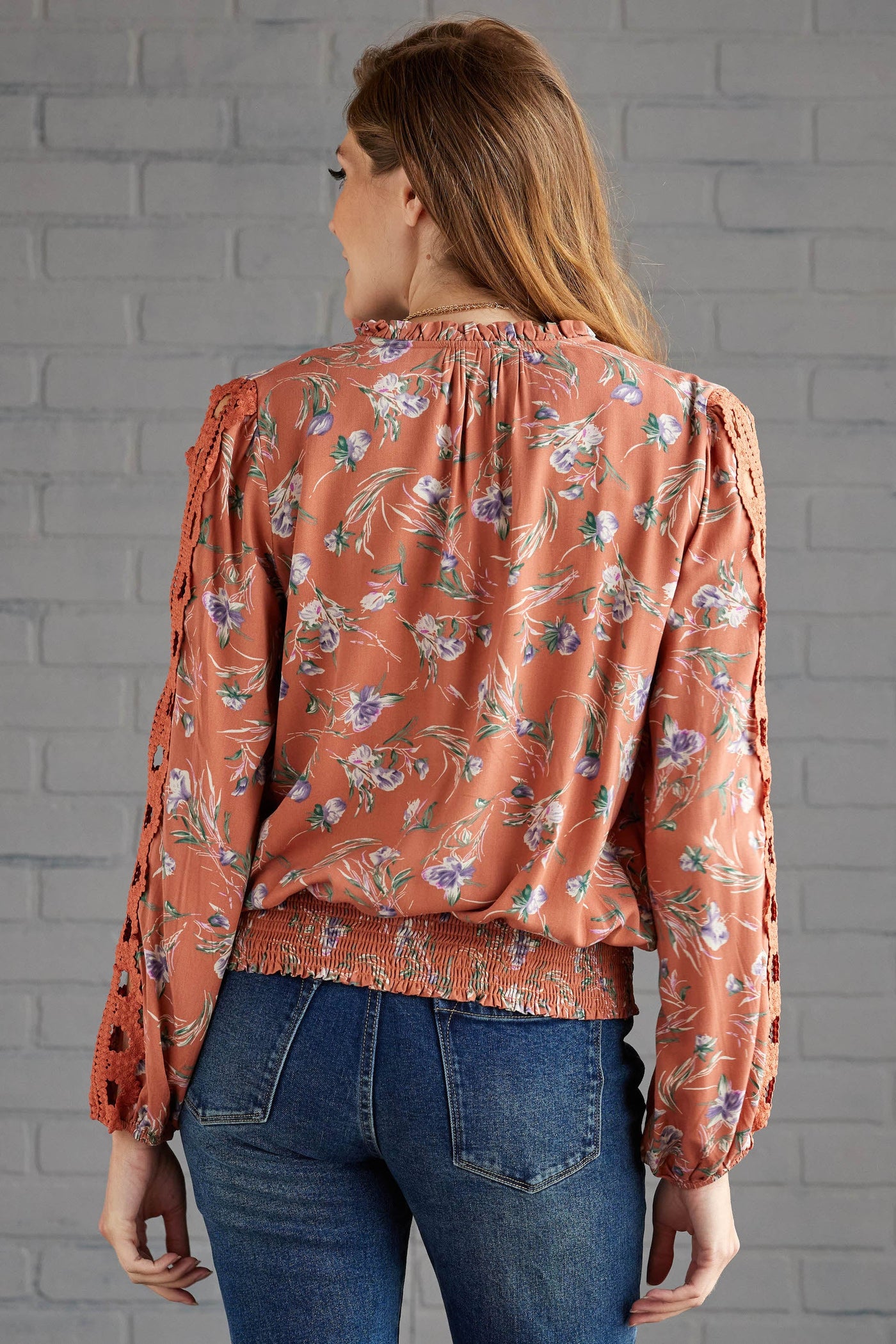 Ginger Floral Cut Out Lace Sleeve Tie Blouse