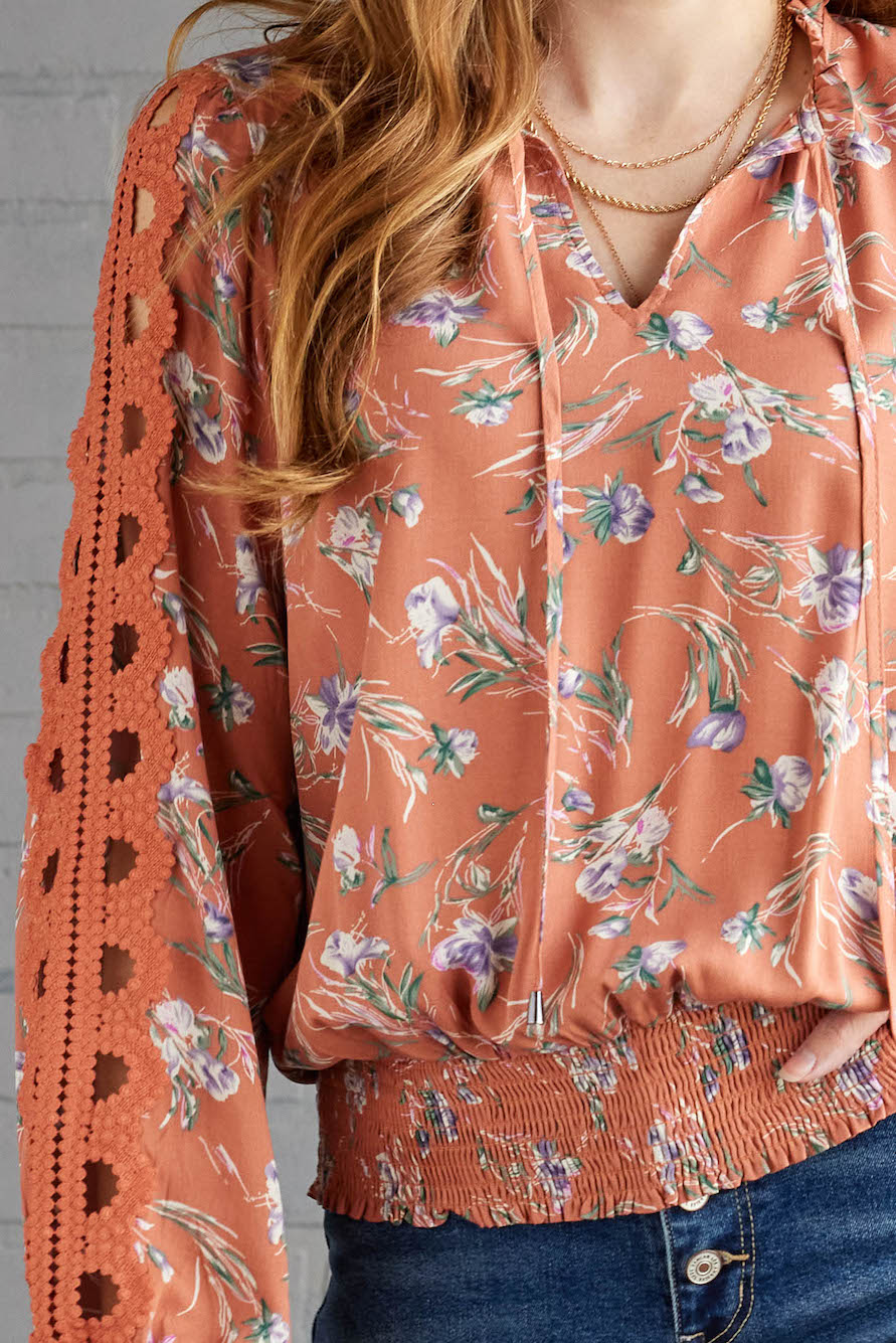 Ginger Floral Cut Out Lace Sleeve Tie Blouse