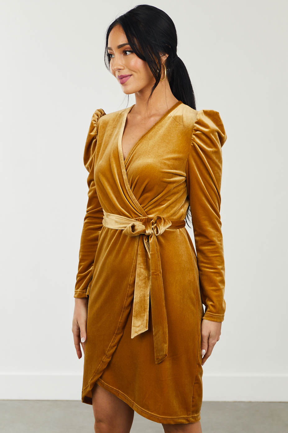 Gold Surplice Tulip Hem Soft Velvet Dress