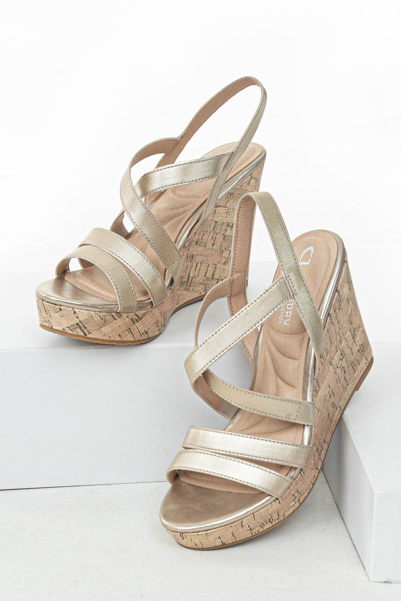 Gold Faux Leather Strappy High Heel Wedges